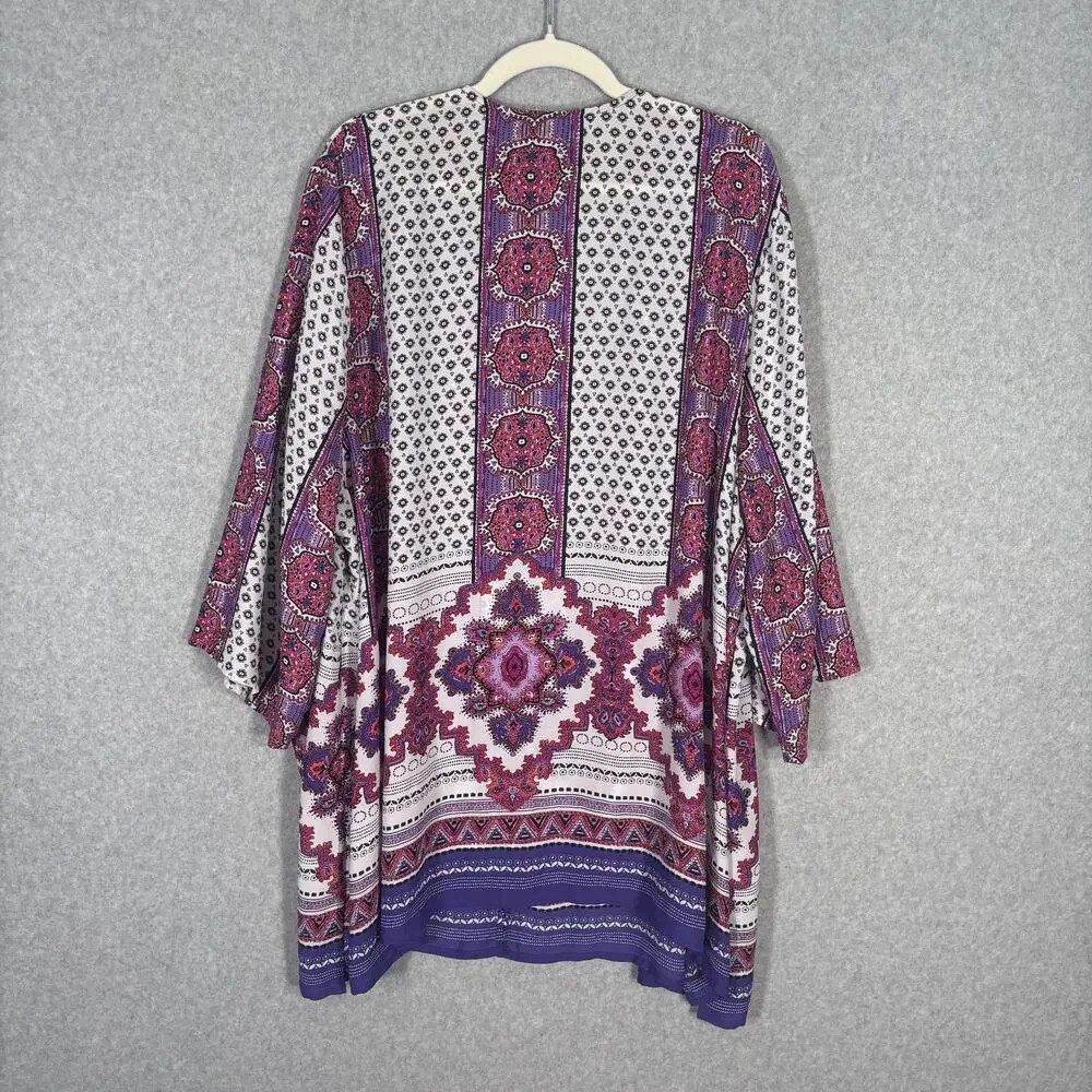 Catherines Kimono Cardigan 3X Pink Purple Paisley Boho Cover Up Medallion Duster